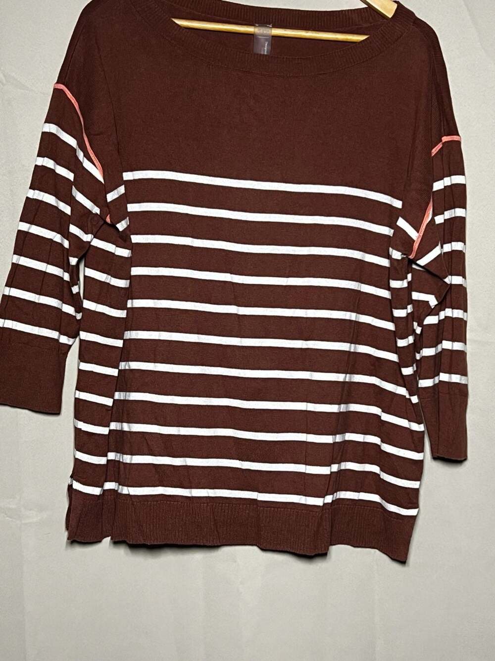 Zuda Striped Sweater Size L Brown White Cotton Boatneck